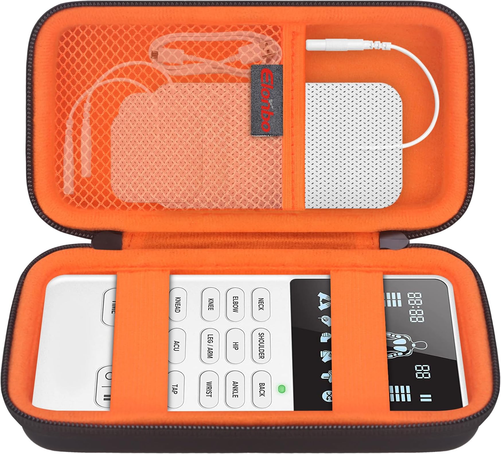 Carrying Case ​for Etekcity TENS Unit Muscle Stimulator Machine, Hard Travel Organize Bag for Electric Pulse Massager, Extra Mesh Pocket Fits Electrode Pads Lead Wires Charger, Black+Orange