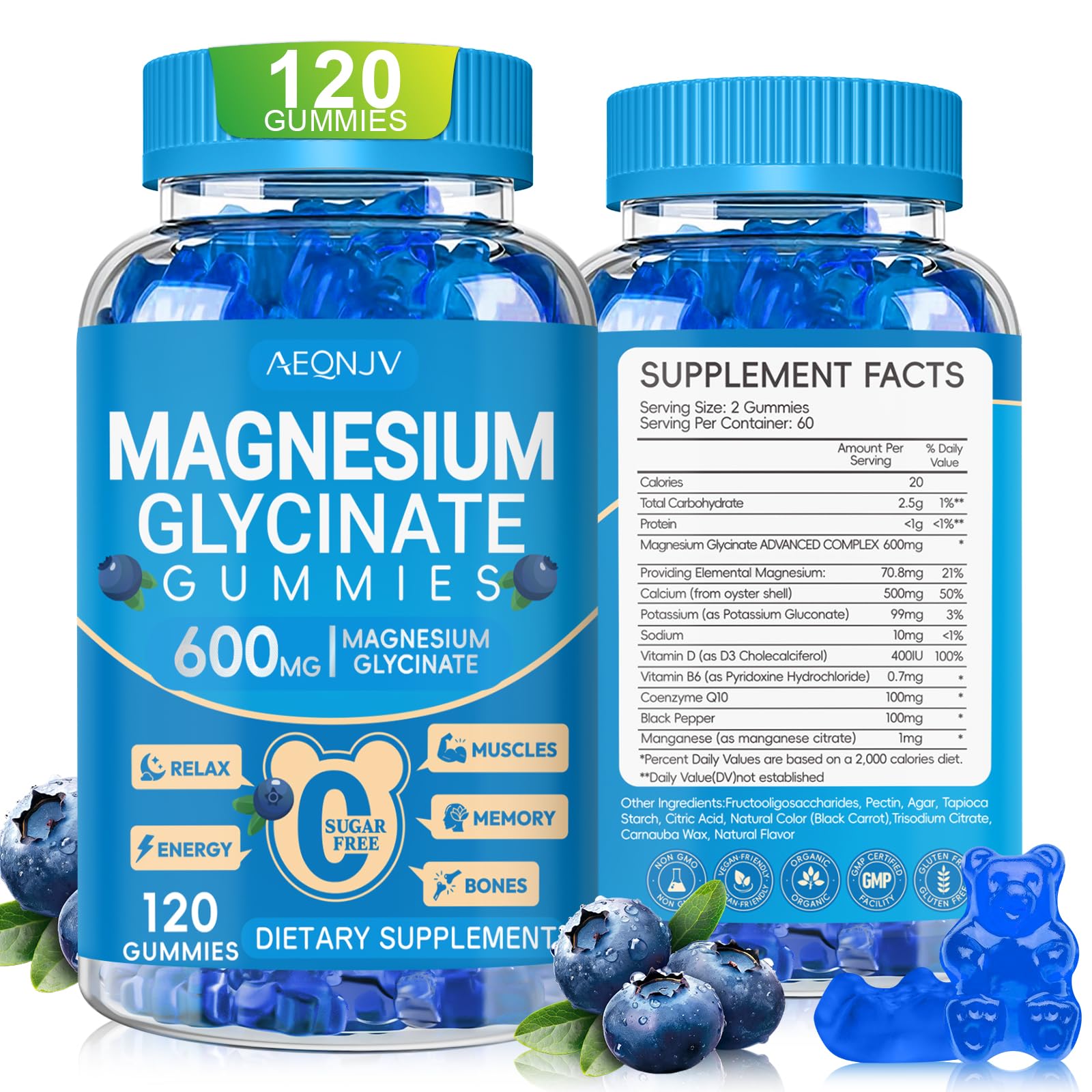 Magnesium Glycinate Gummies 600mg, Chewable Sugar Free Potassium Magnesium Gummies with Manganese Glycinate, Vitamin D, B6, and CoQ10 for Calm Support & Sleep for Adults, 60 Days Supply