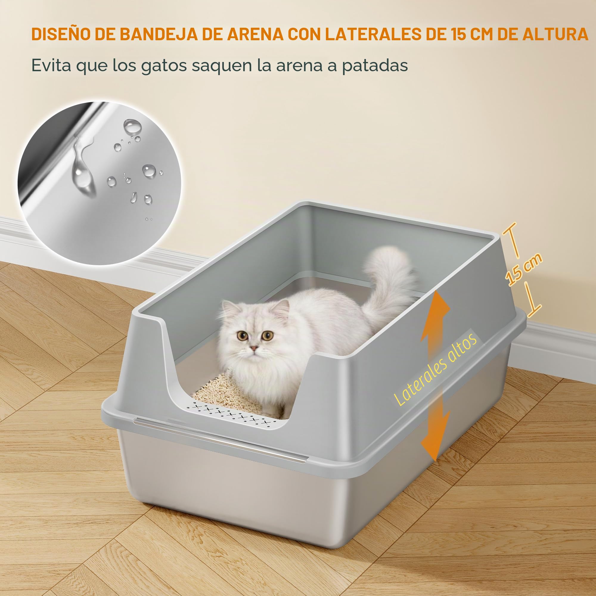 Arenero Acero Inoxidable Gatos XXL, 60,5x40x29cm, Gris Claro | Arenero Metalico para Gato, Caja de Arena Grande para Gatos, Laterales Altos, Incluye Pala, Fácil de Limpiar FPLB003SG1