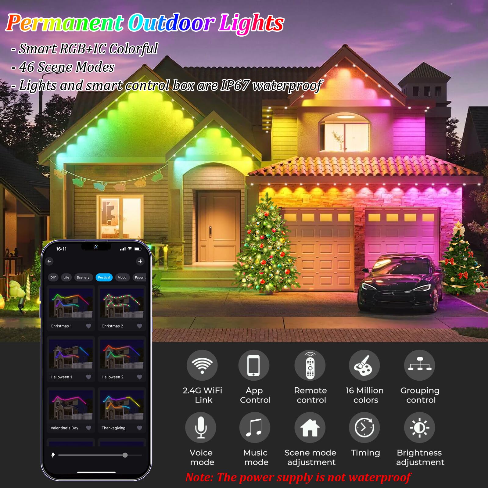 WIFI Permanent Outdoor Lights 15M,RGB Smart IC Outdoor Christmas Lights with Scene Modes Waterproof 36 LED Eaves Lights,Work with Alexa/Google Assistant,Outdoor Lighting for House Festival Deck Daily - Image 2