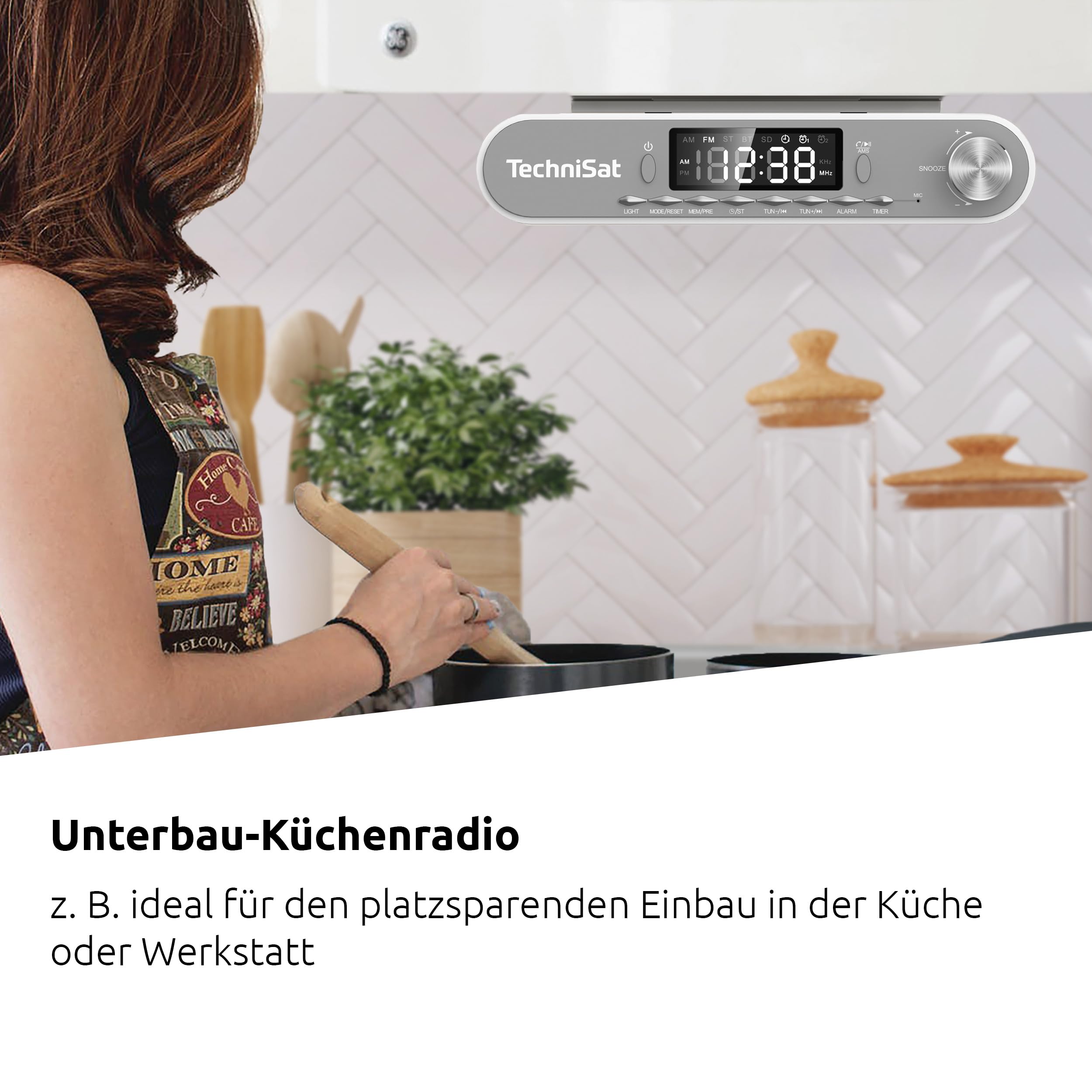 TechniSat KITCHENRADIO - Elegantes UKW-Unterbau-Küchenradio mit Arbeitsleuchte (Timer Direktwahltaste, Weckfunktionen, LED-Display, Unterschrankbeleuchtung, Bluetooth, Freisprecheinrichtung, 5 W)