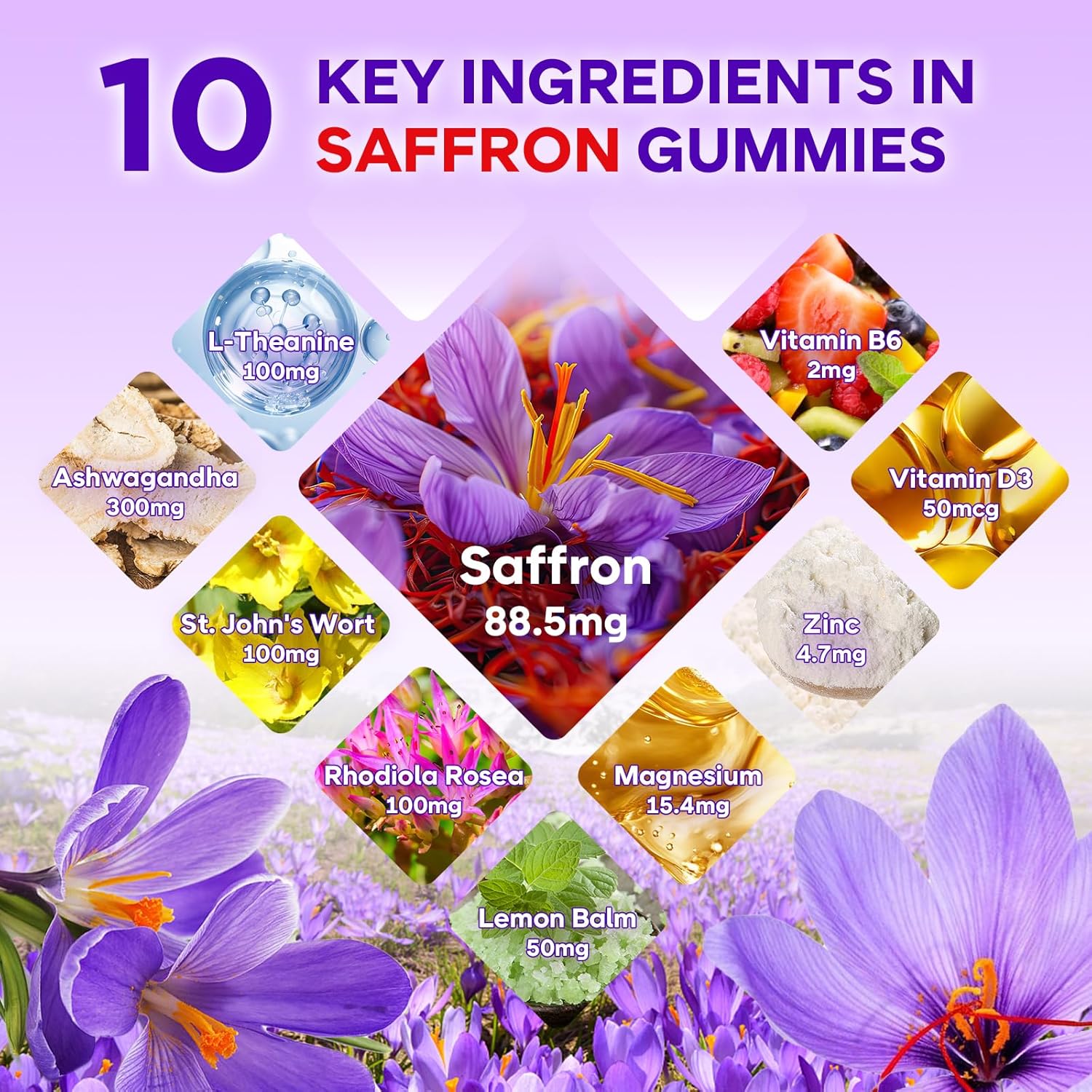 2 Pack Saffron Gummies for Kids & Adults - 10-in-1 Saffron Supplements with Magnesium, L-Theanine, Rhodiola - Supports Vision & Zzz, Sugar-Free, Raspberry Flavor, 120 Count - Image 4