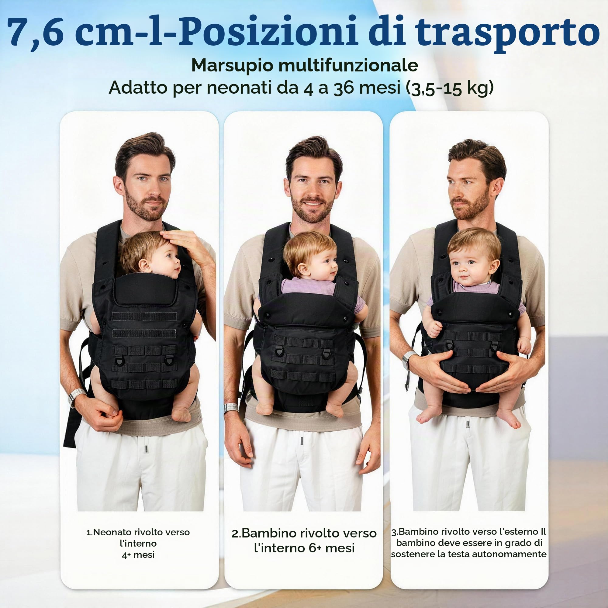 Marsupio Tattico Per Papà, Marsupio Per Neonati E Bambini (4-36 Mesi) - Marsupio Ergonomico 3 In 1 Con Posizione A M, Salutare Per Le Anche, Ideale Per Passeggiate E Viaggi Nero