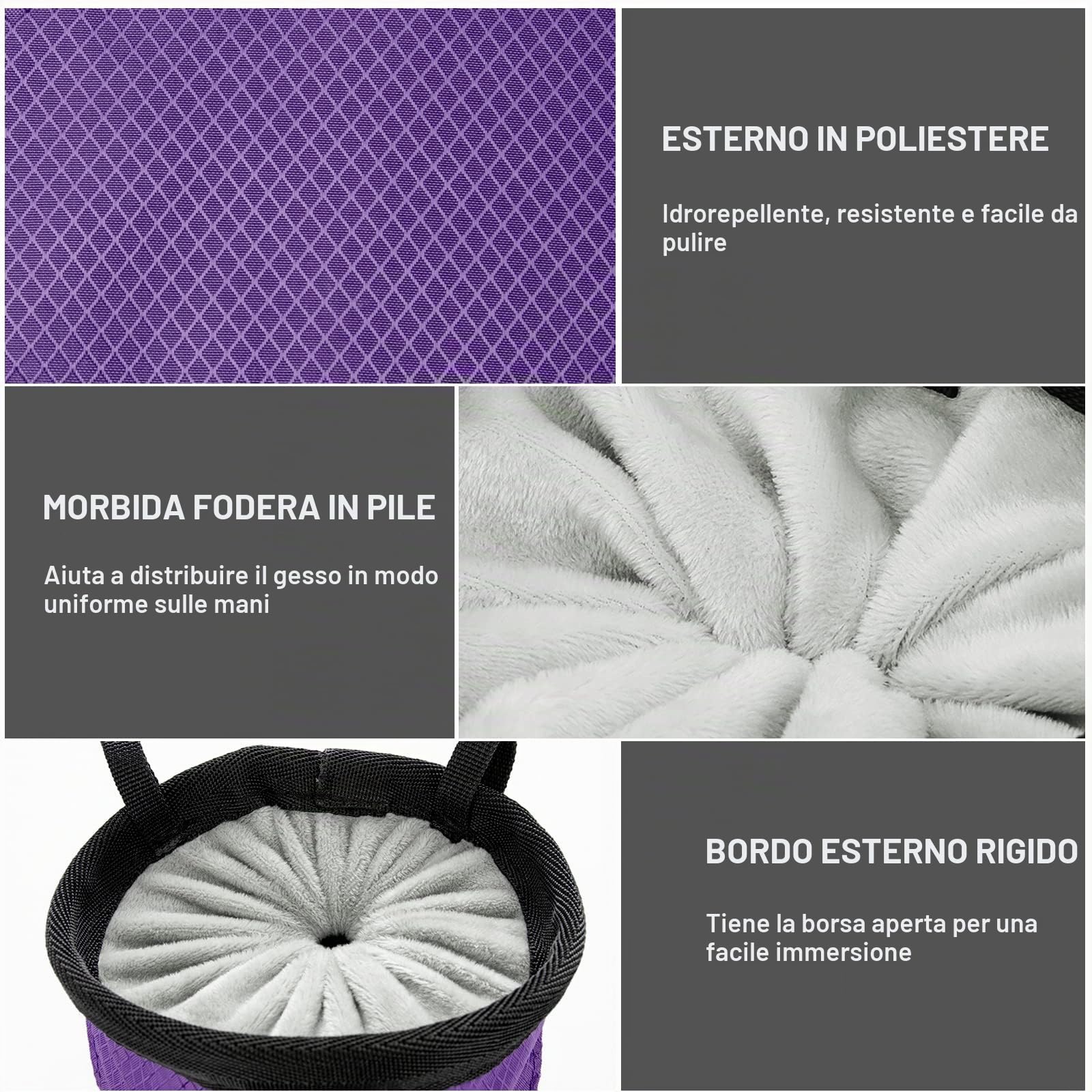 MoKo Borsa per Gesso Arrampicata con tasca e moschettone, Viola | Sacchetto per Gesso e Accessori Arrampicata resistenti, con chiusura a cordoncino e cintura regolabile.
