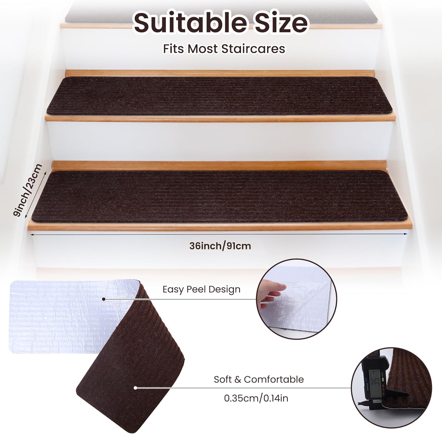 Extra Wide Non Slip Stair Treads for Wooden Steps –15 Pack 9" x36'' Extra Wide Carpet Runners with Reusable Adhesive, Step Pads for Dogs, Kids, Seniors, Machine Washable – Brown