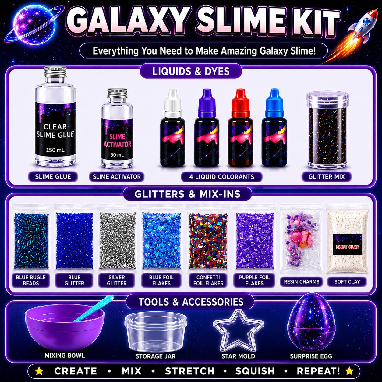 Toysbutty Galaxy Slime Kit – 6 Slimes Prêts à Jouer, Thème Espace, 2 Brille Dans Le Noir, 9 Charmes Et 6 Décorations Inclus (Dès 5 Ans)