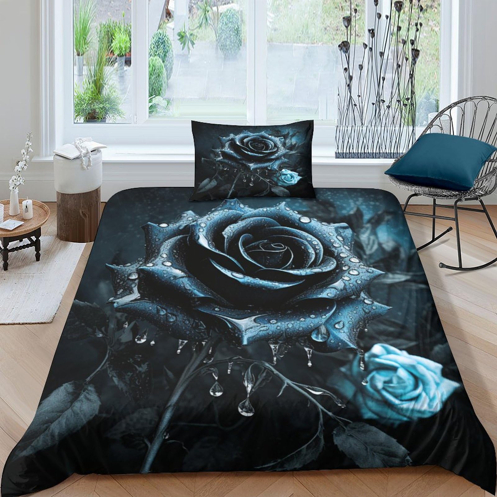 Housse de couette anti-pli 135x200 cm noire et rose en microfibre douce avec fermeture éclair invisible
