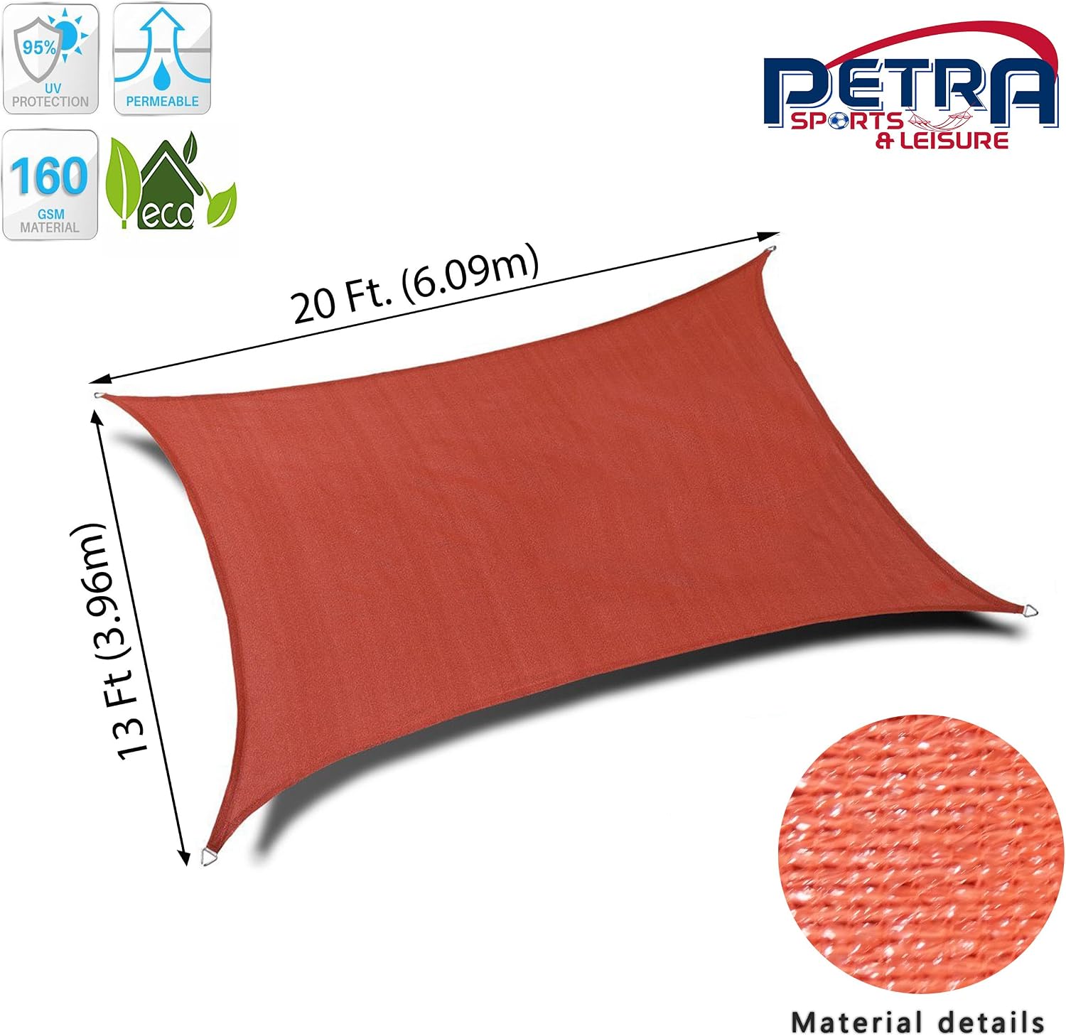 Petra's 20 Ft. X 10 Ft. Rectangle Sun Sail Shade. Durable Woven Outdoor Patio Fabric w/Up to 90% UV Protection. 20x10 Foot. (Terracotta)
