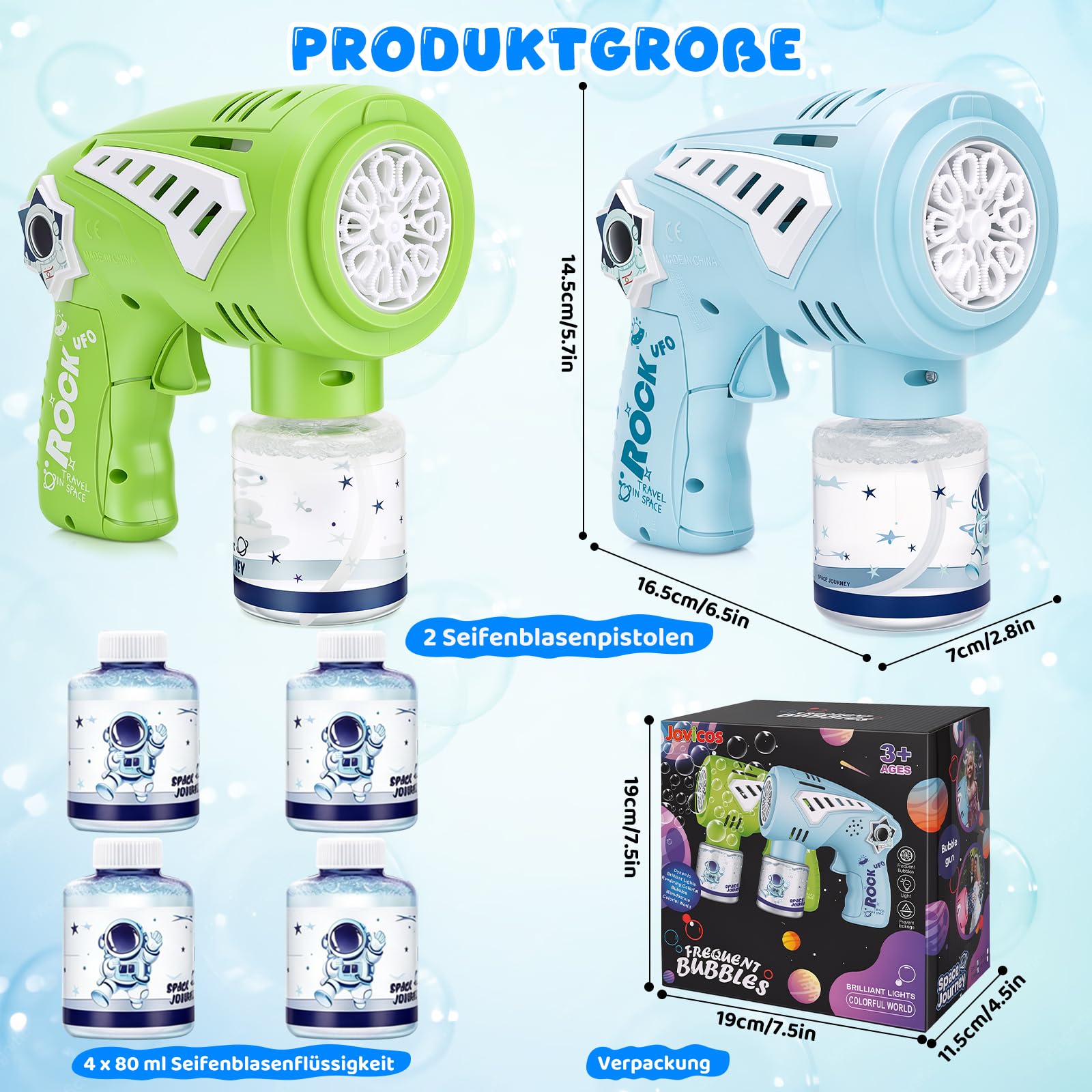 Jovicos 2 Seifenblasenpistole Kinder mit LED-Licht & Musik, Seifenblasenmaschine mit 4 Seifenblasenflüssigkeit, Seifenblasen Pistole Kinder, Bubble Gun Outdoor Spielzeug für Hochzeit Party Geschenke