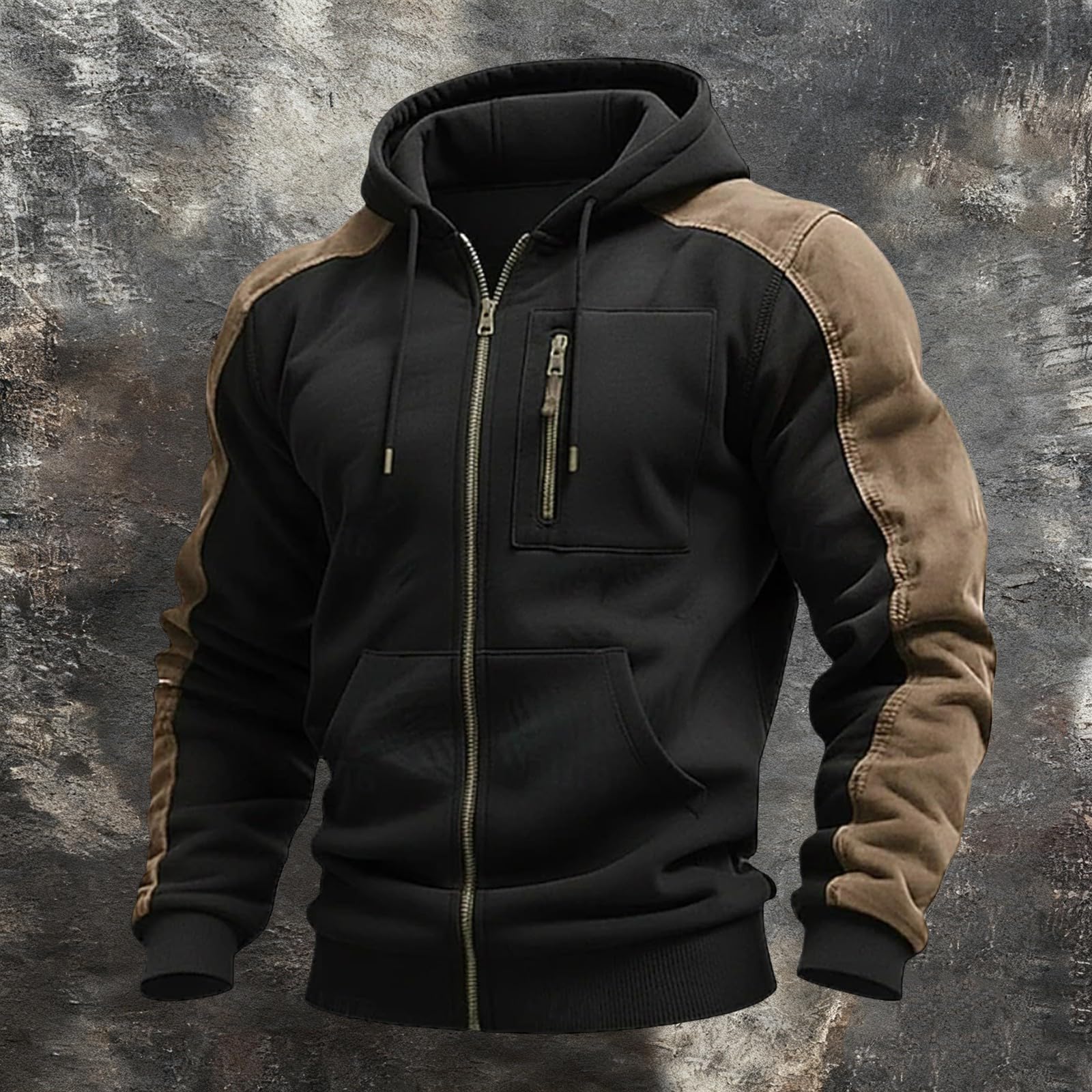Felpa da uomo con cappuccio e zip intera a contrasto marrone