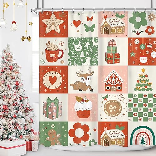 Cortina de ducha retro de Navidad de 60 pulgadas de ancho x 72 pulgadas de alto, juego de cortina de baño impermeable para niños y niñas, accesorios