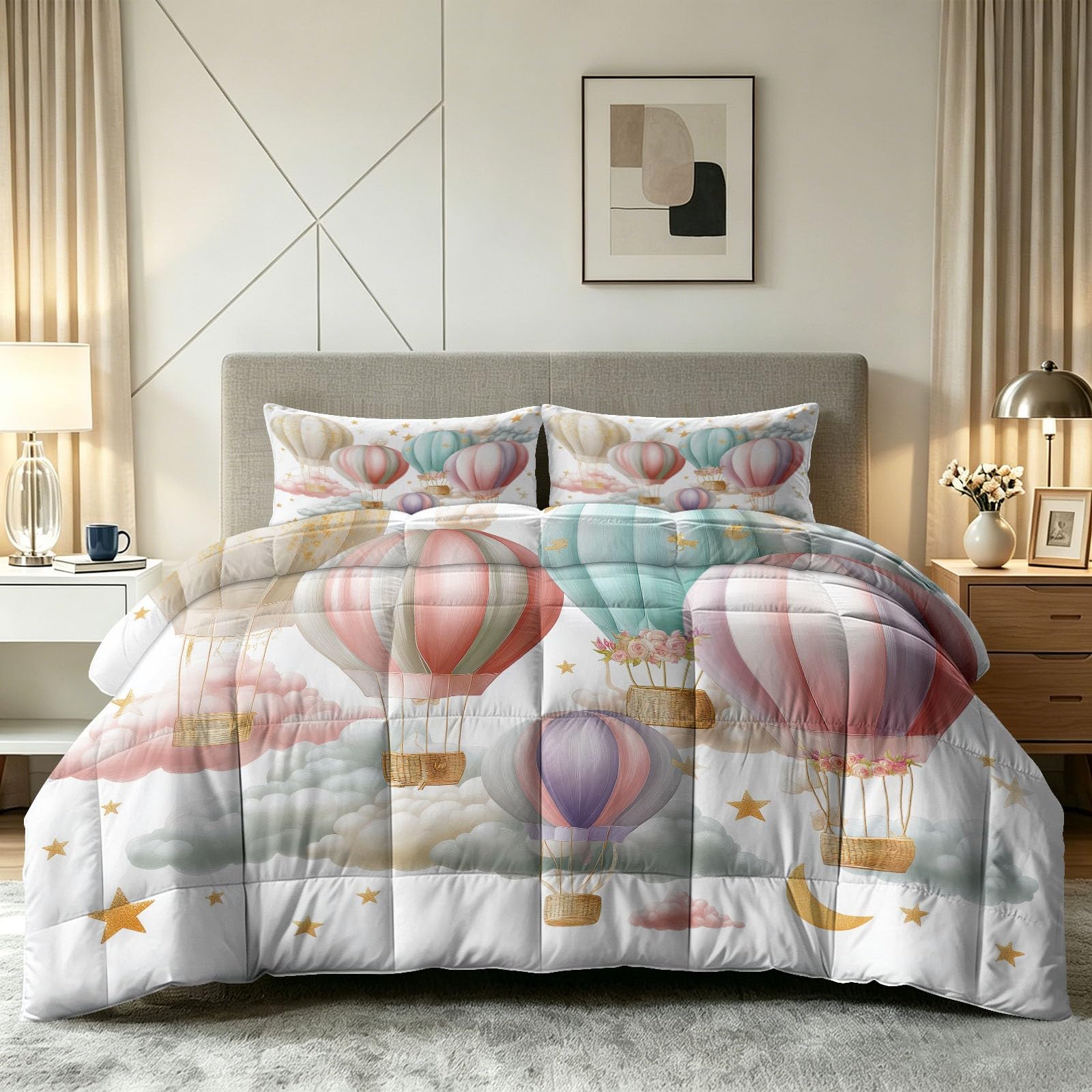 Couette matelassée 140x200 dessin montgolfière pour lit d'enfant doux