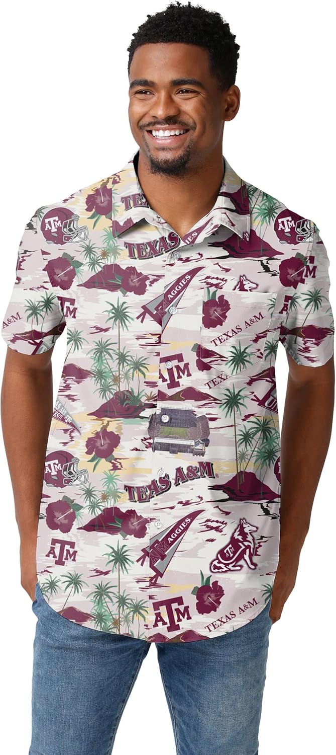 FOCO NCAA Mens NCAA College Team Logo Floral Tropical Thematic Stadium Print Button Up Shirt - Image 2