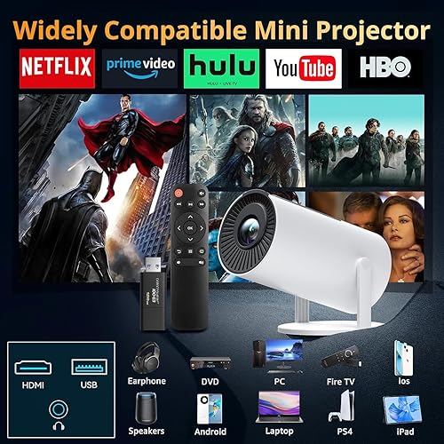 Miniatura 2 de Auto Keystone Mini proyector con WIFI y Bluetooth, proyector de película portátil pericat con rotación de 210, proyector de cine en casa 4K 1080P