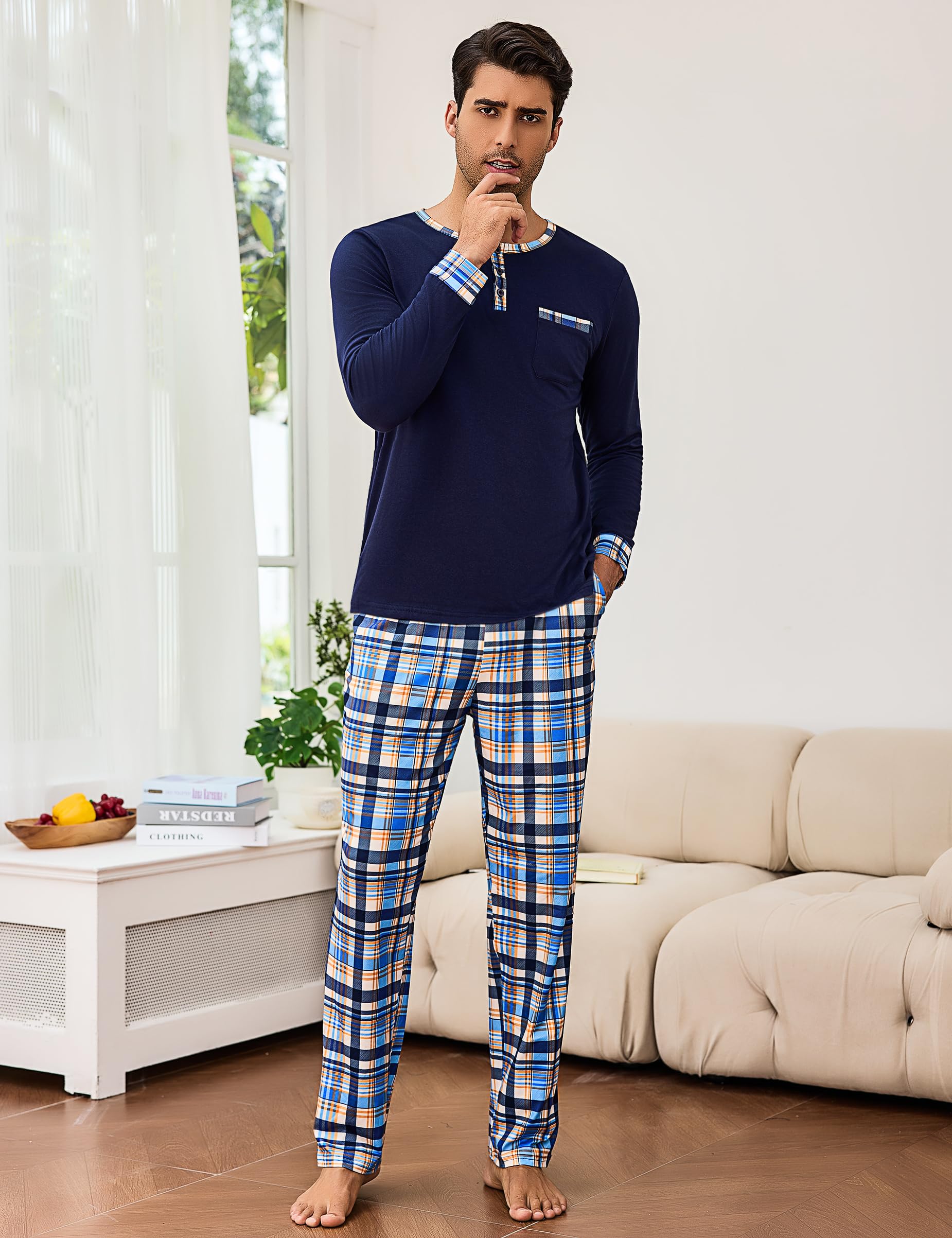 Litherday Pigiama da Uomo Invernale Lungo Pigiama Uomo in Cotone Pigiama a Maniche Lunghe da Uomo con Coulisse e Tasche 2 Pezzi, S-XXL