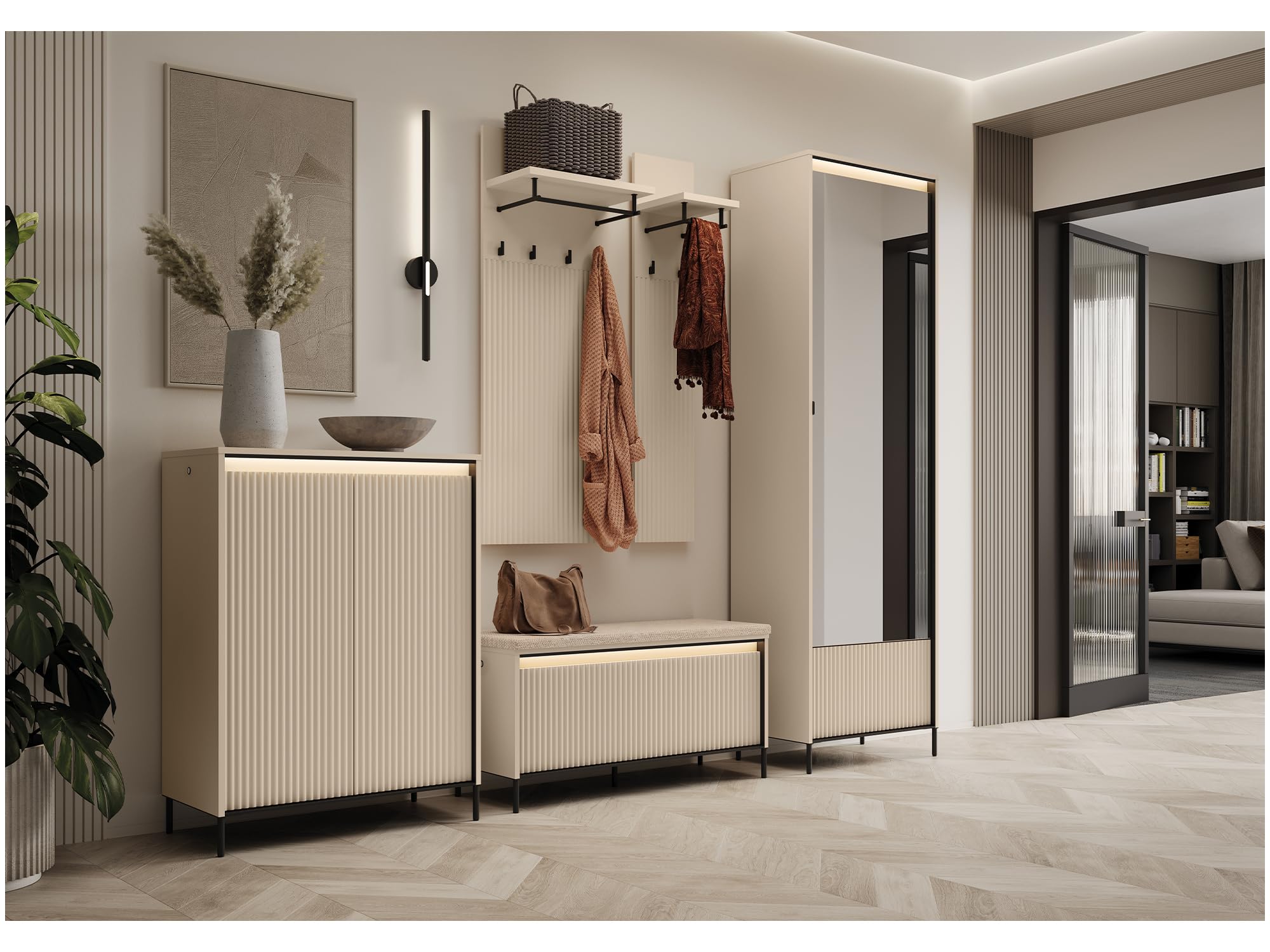 MEBLINI Garderobe Flur Möbel Set mit LED - Garderobenschrank Flur mit Spiegel - Garderobe Schrank - Flurgarderobe - Flurschrank hoch - Trend - Beige/Schwarz