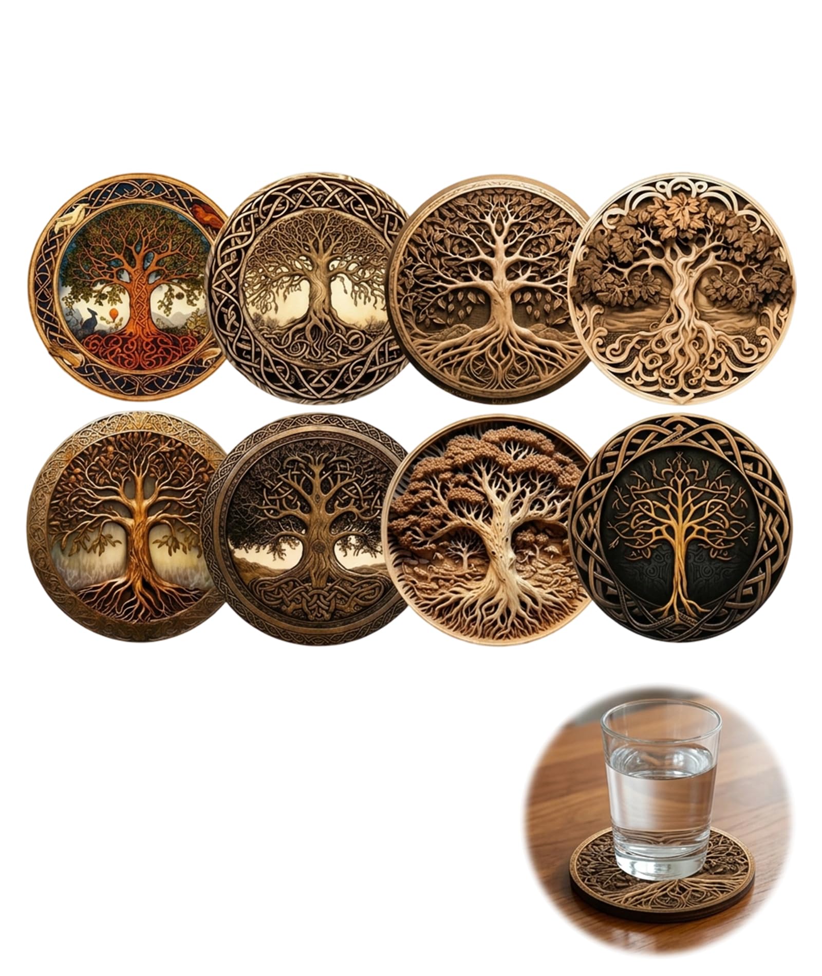 8-Piece Wooden Coasters for Drinks, Tree of Life Coaster Set, Anti Slip Coasters for Dining Table and Office Desk-image-42