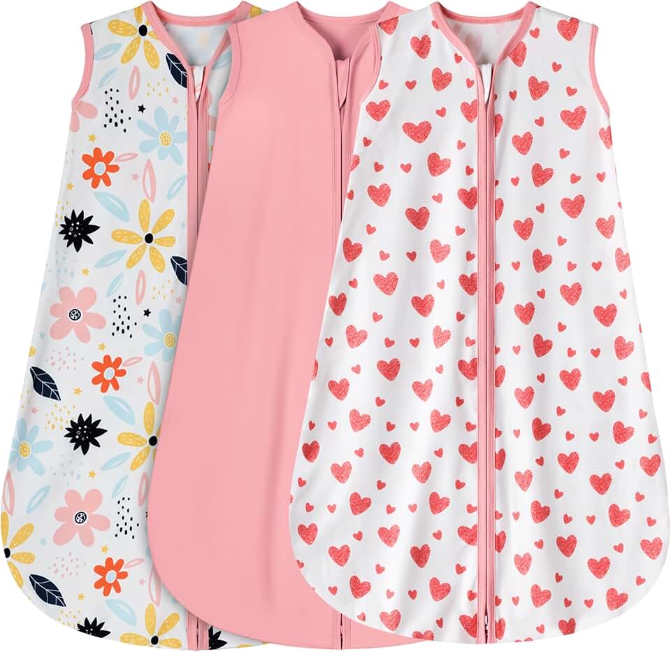 BSTOPPT 3 Pack Baby Sleep Sack 6-12 Months 100% Rayon Cotton Baby Sleeping Bag 2-Way Zipper Toddler Wearable Blankets TOG 0.3 （Heart&Pink&Floral）