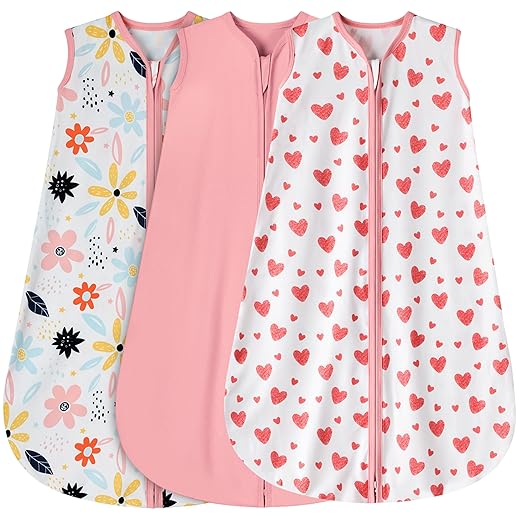 BSTOPPT 3 Pack Baby Sleep Sack 0-6 Months 100% Rayon Cotton Baby Sleeping Bag 2-Way Zipper Toddler Wearable Blankets Comfy Stretchy Lightweight TOG 0.3 （Heart&Pink&Floral）