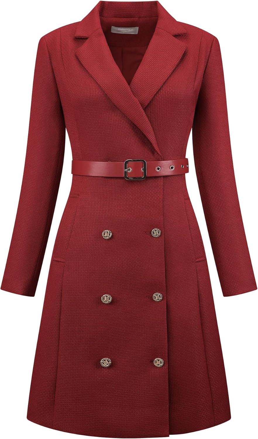 Women's Tweed Dress Double Breasted Long Sleeve Blazer Dress with Belt