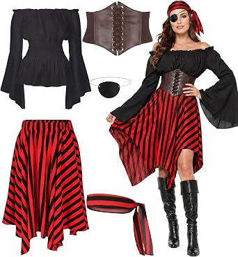 Cosrea Pirate Costume Adult Women Renaissance Shirt Bandana Corset Waist Belt Eye Patch Halloween Pirate Queen Outfit