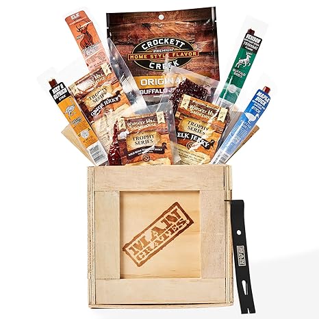 Man Crates, Exotic Meats Crate – Includes 8 Rare Jerky Flavors Like Venison, Alligator, Elk – Ships In A Sealed Wooden Crate With A Laser-Etched Crowbar