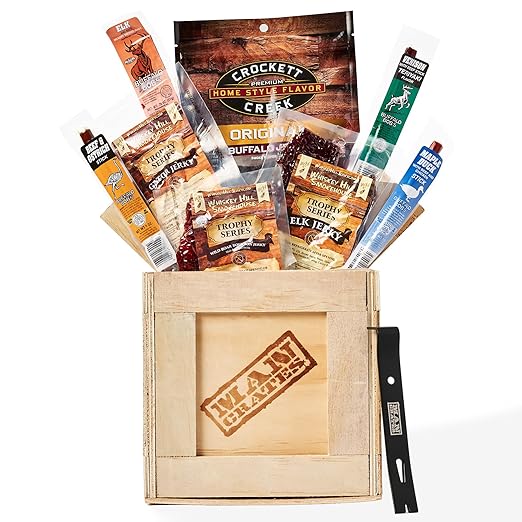 Man Crates, Exotic Meats Crate – Includes 8 Rare Jerky Flavors Like Venison, Alligator, Elk – Ships In A Sealed Wooden Crate With A Laser-Etched Crowbar
