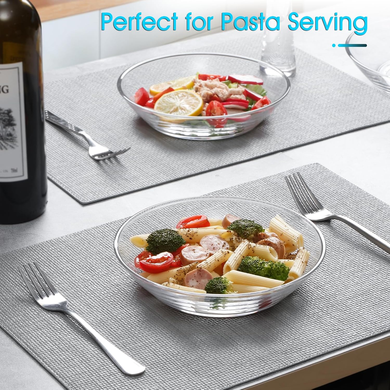 NUTRIUPS Small Glass Pasta Bowl 2 Pack, 20oz Glass Plate Bowls for Soup, Salad and Dessert, Microwave,Oven and Dishwasher Safe, 7 Inch (POUGINE Set)