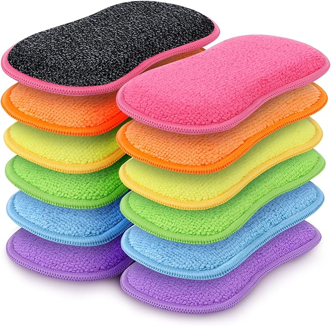 HOMEXCEL 12 Pack Multi-Purpose Scrub Sponges Kitchen, Dish Sponge, Non-Scratch Microfiber Sponge for Efficiently Cleaning Dishes, Pots, and Pans, and More (Multicolor)