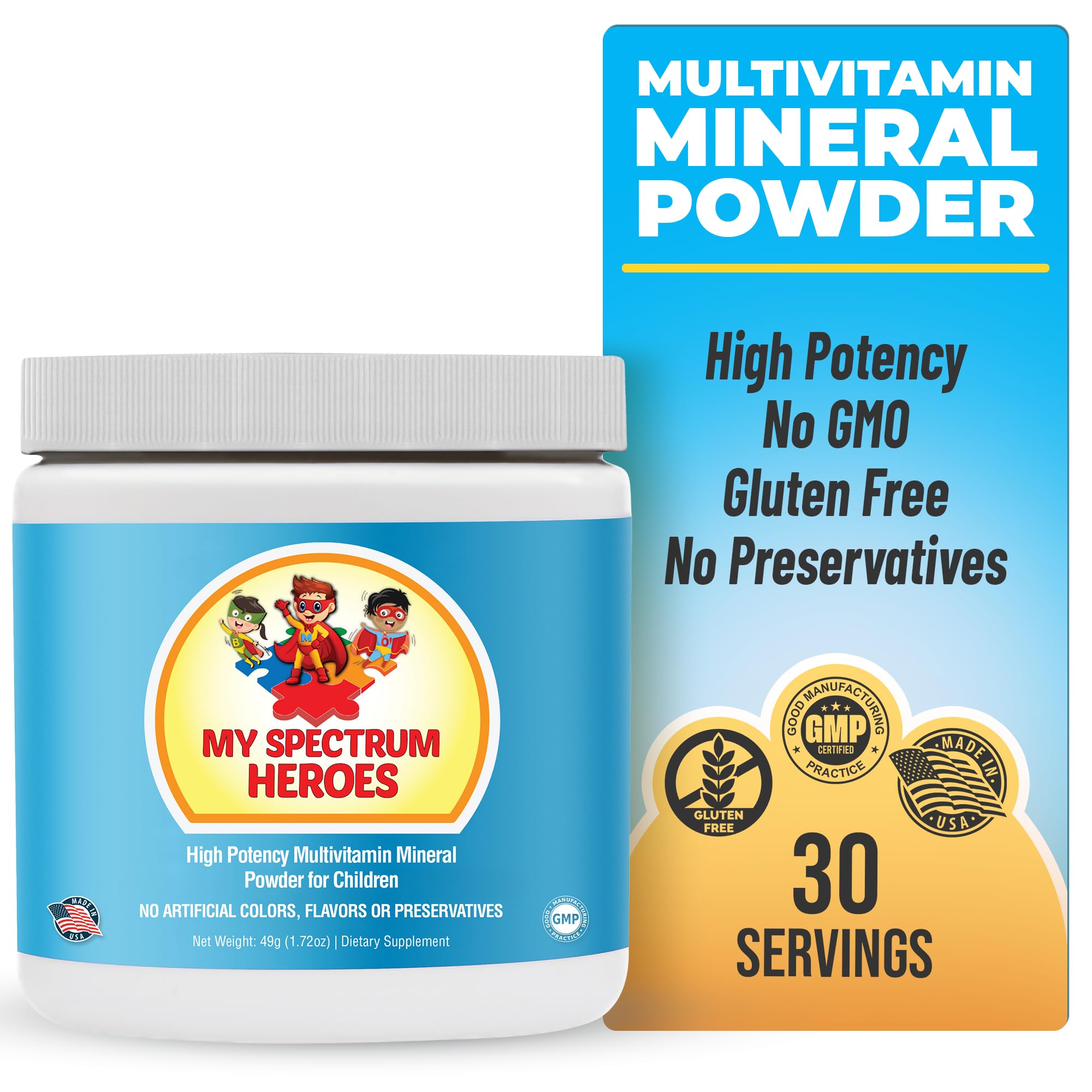 My Spectrum Heroes Kids Powder Multivitamin - Powder Supplement, Better Absorption, Non-GMO, Non-Gluten, No Artificial Ingredients - Neural Help for Children on The Spectrum - 30 Servings