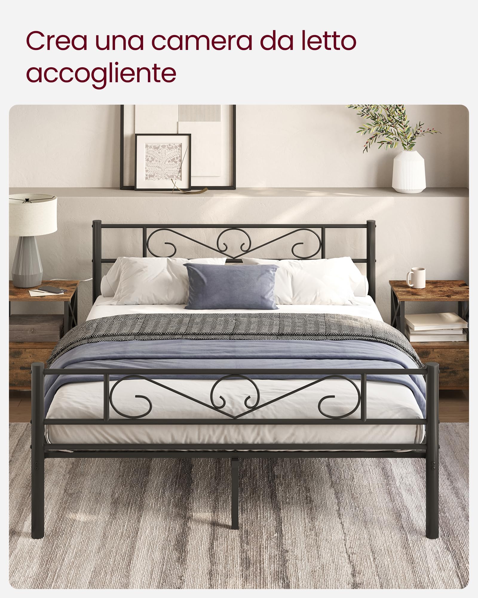 VASAGLE Struttura Letto Matrimoniale, Letto a Doghe in Metallo per Materassi di 160 x 190 cm, per Stanza di Ospiti, Montaggio Facile, per Spazi Piccoli, Nero Inchiostro RMB069B01