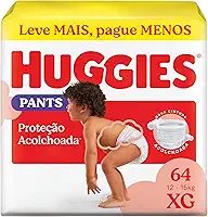 Fralda Pants Huggies Proteção Acolchoada Tamanho XG 64 unidades – Nova Fralda Supreme Care estilo roupinha, que veste como shortinho e com cintura acolchoada super macia que previne marquinhas, fácil de colocar e tirar (embalagem pode variar)