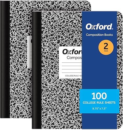 Oxford Cuadernos de composición, diarios escolares de 9-34 x 7-12 pulgadas, papel rayado universitario, cubiertas de mármol negro, 100 hojas por