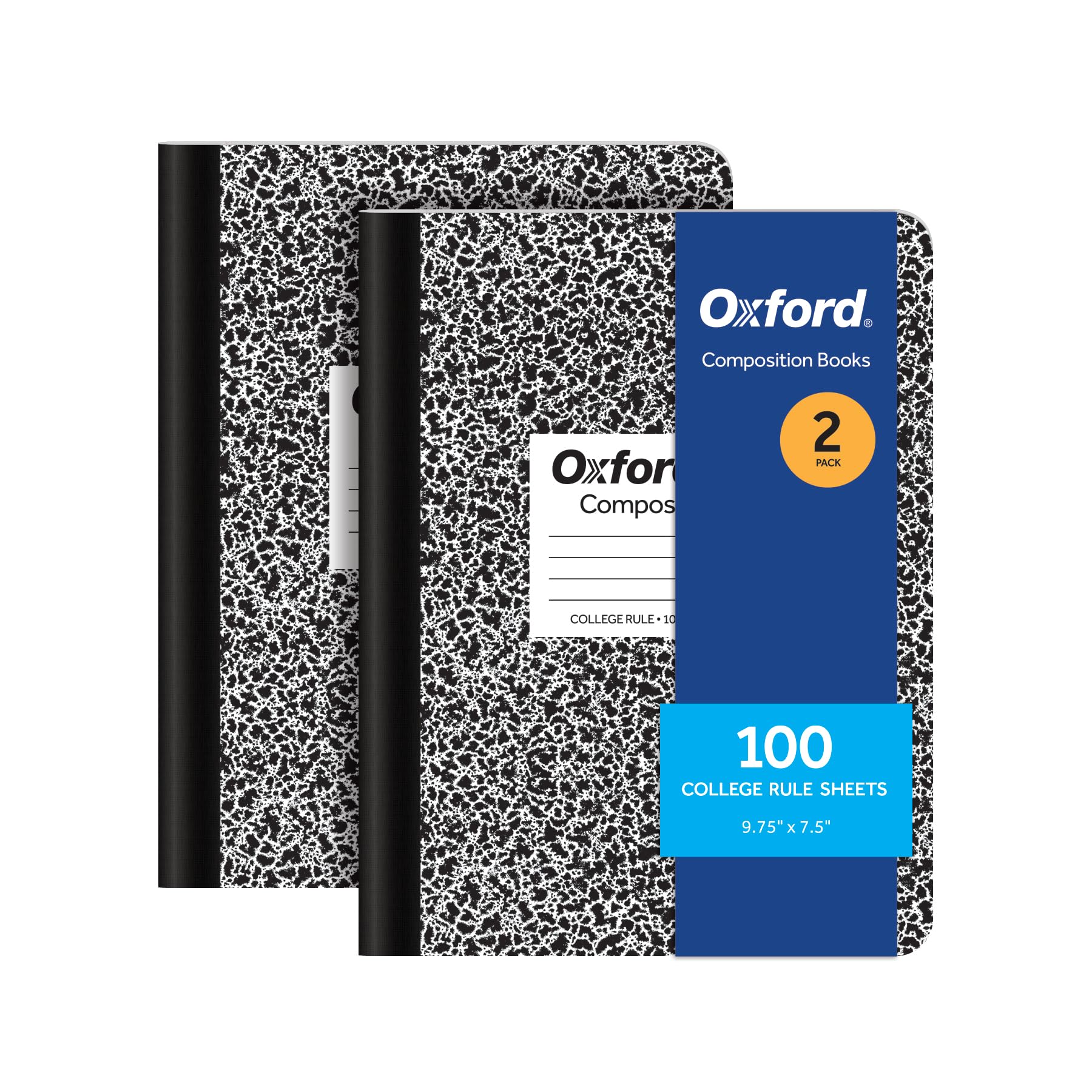 Oxford Composition Notebooks, 9-3/4 x 7-1/2 Inch School Journals, College Ruled Paper, Black Marble Covers, 100 Sheets per Book, 2 Pack (1002515)
