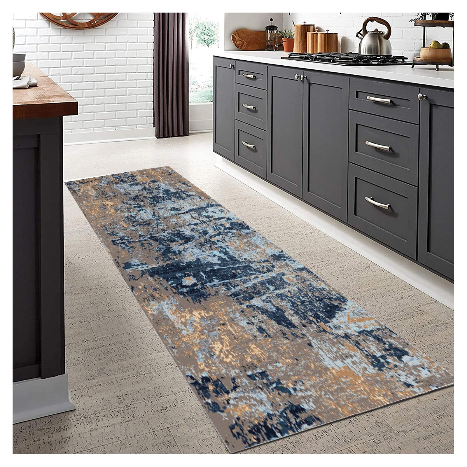 Tapis Couloir Brun/Noir Long 90x200cm - Tapis Cuisine Lavable Antidérapant Absorbant - Tapis de Passage Style Moderne Motifs Abstraits pour Salon, Chambre, Devant Évier, Bureau, Entrée