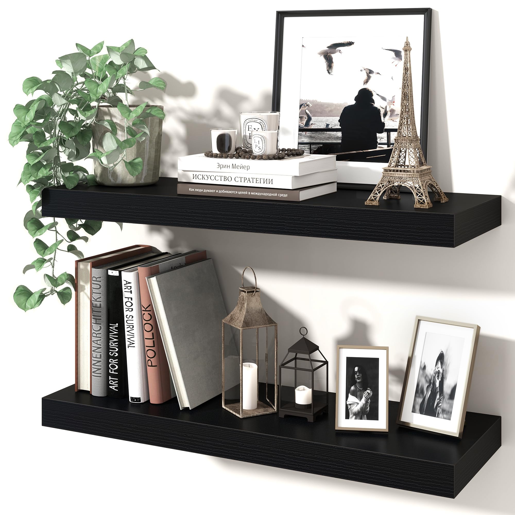 Axeman 60cm Floating Shelves for Wall 2 Pack Shelves for Bedroom|Kitchen|Bathroom Wall Mounted Rustic Wood Floating Shelf with Invisible Brackets for Books|Storage|Decor, Black, 20cm Deep