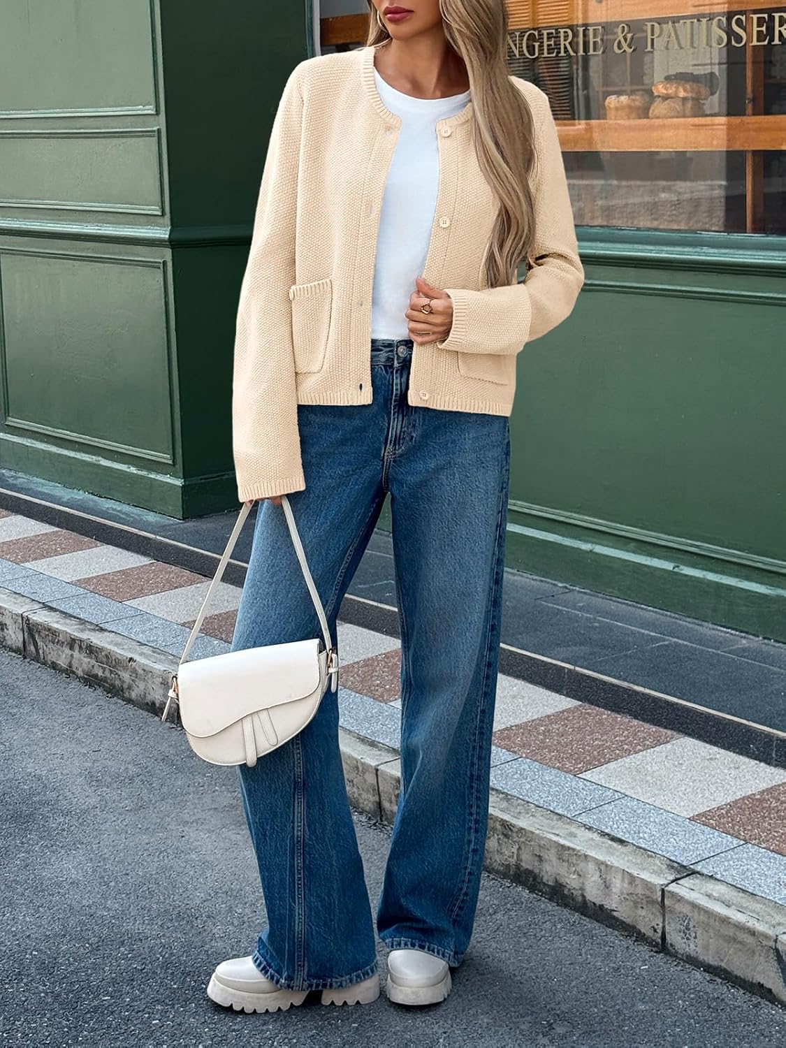 Saodimallsu Womens Button Up Cardigans Crew Neck Fall Trendy Long Sleeve Textured Knit Sweater Jacket with Pockets - Image 5