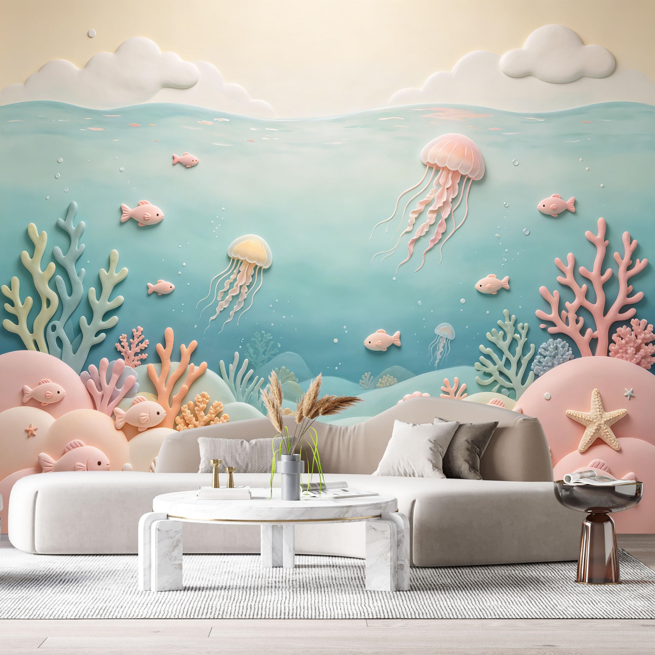 Custom Size Wall Murals Ocean Marine Watercolor Jellyfish Coral Seashells SelfAdhesiveWall Fabric Removable Wallpaper Wall Decor for Living Room Bedroom Bathroom