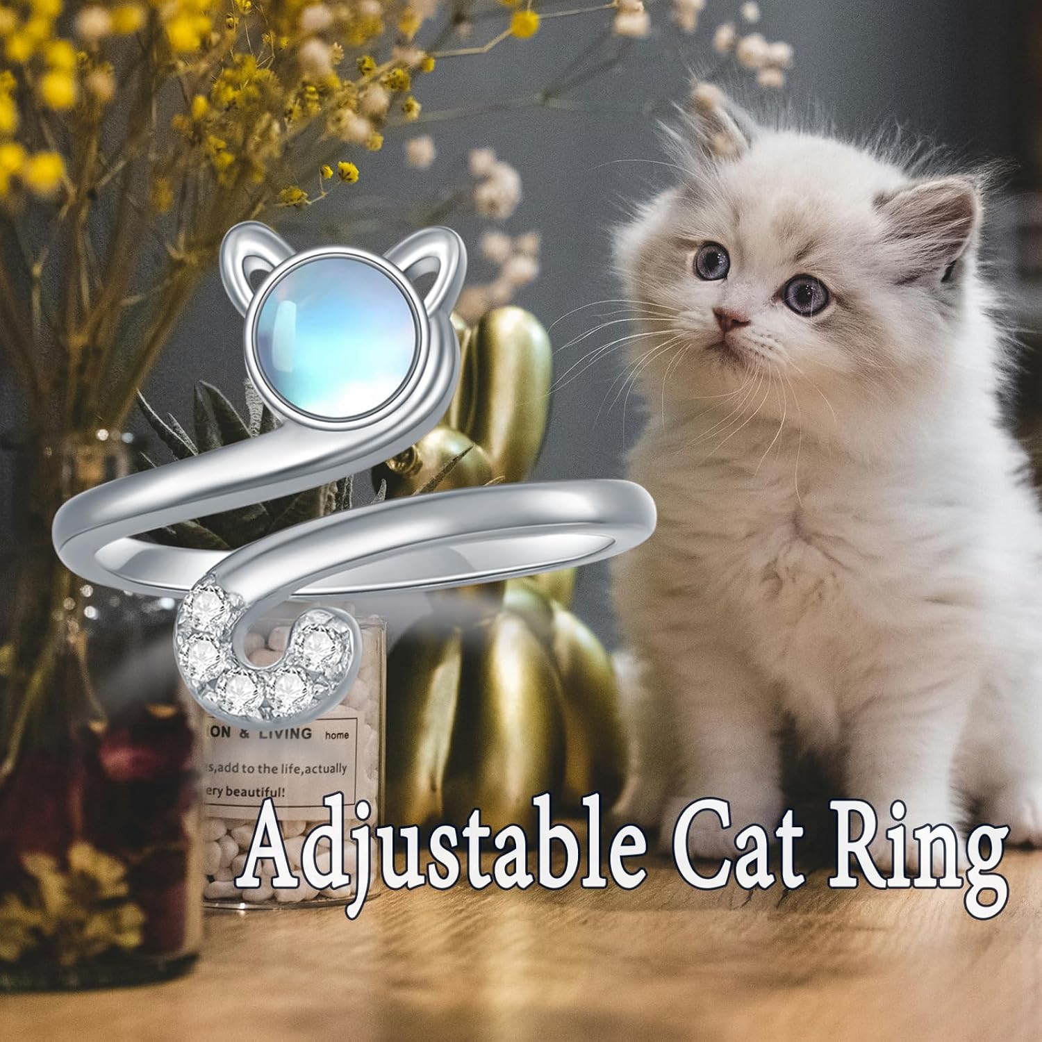 Cat Adjustable Ring with Moonstone for Women 925 Sterling Silver Cute Cat Animal Open Rings Birthday Jewelry Gifts for Her - Image 6