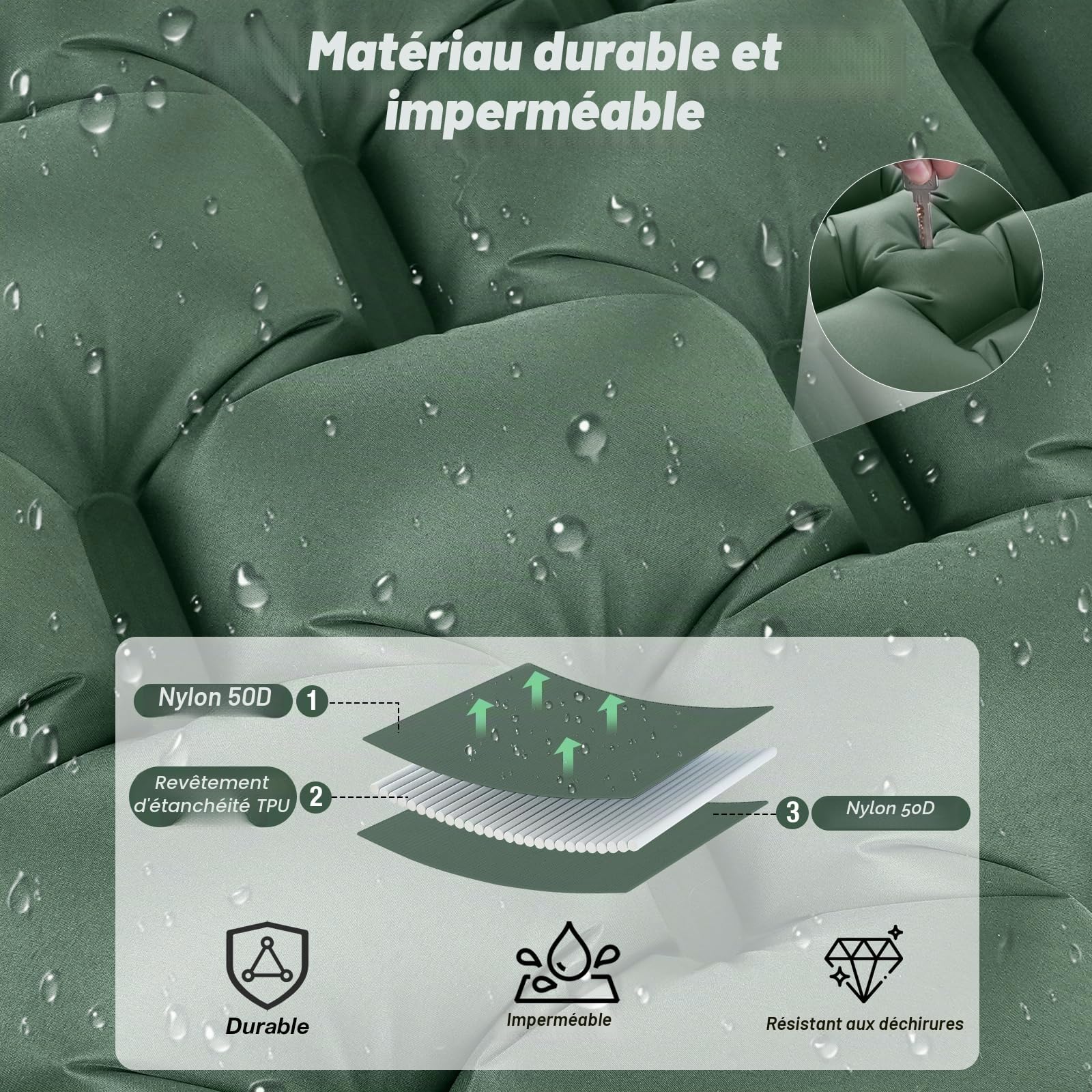 JATEKA Matelas Gonflable 1 Place, Matelas Camping Ultra Léger avec Pompe à Pied et Oreiller, Matelas Gonflable 1 Place Résistant à l'eau Portable et Compact Randonnée/Plage/Tente - Vert Militaire