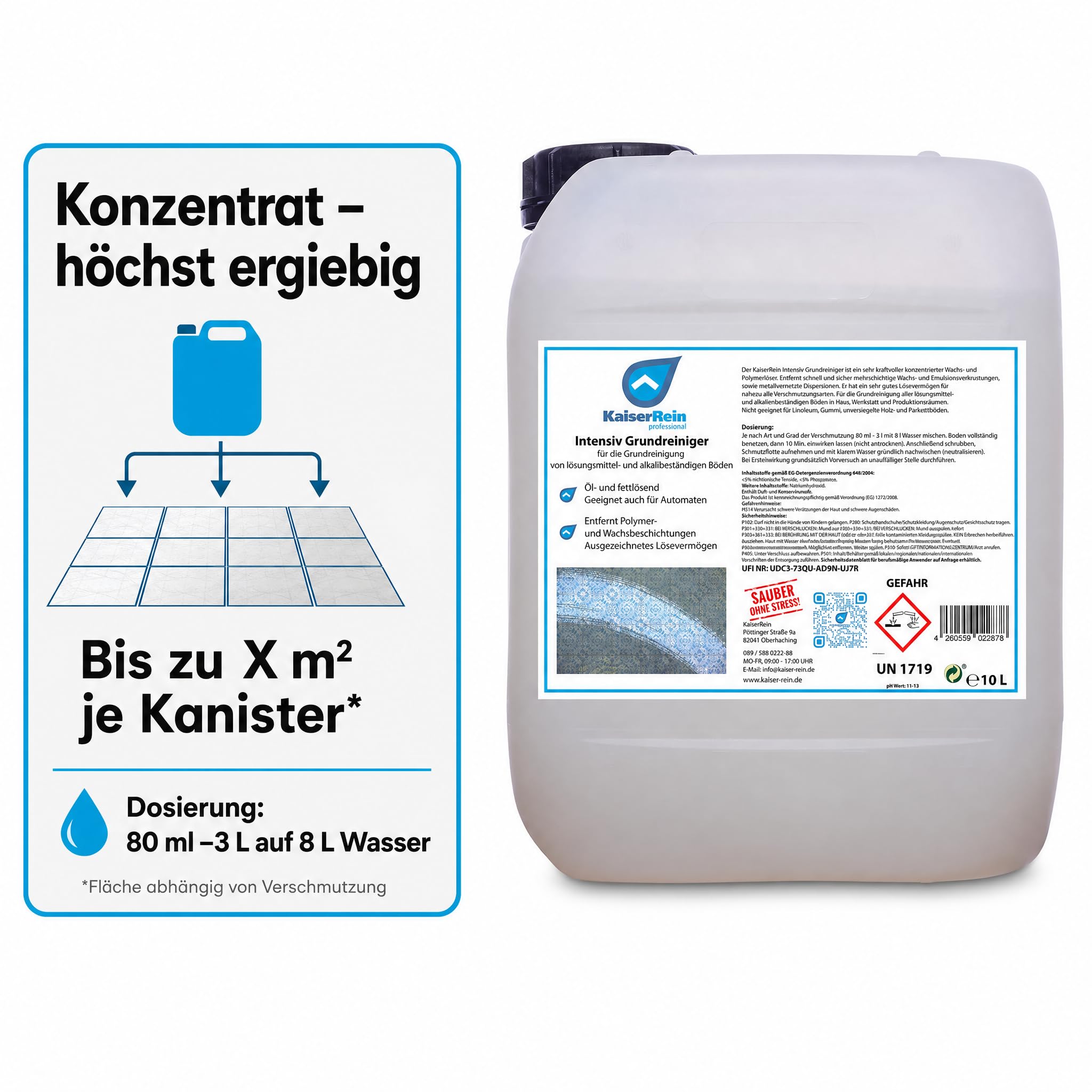 KaiserRein Grundreiniger Intensiv-Bodenreiniger Konzentrat, 10 L Kanister, entfernt Wachs/Polymer, öl- und fettlösend, für Fliesen, Stein, Laminat, Reinigungsautomaten, alkalischer Reiniger