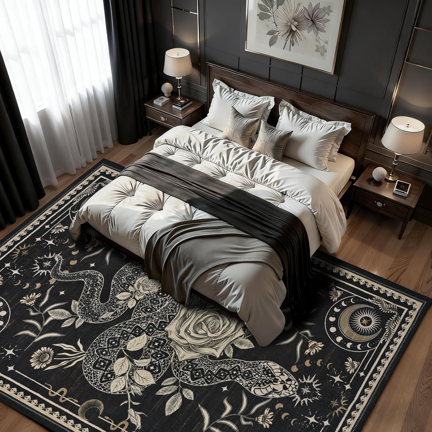 Yinhua Snake Living Room Rug 5x7 Rug Washable Gothic Rugs Non Slip, Soft Area Rugs Low Pile, Faux Wool Goth Carpet for Living Room, Bedroom, Dining Room, Black