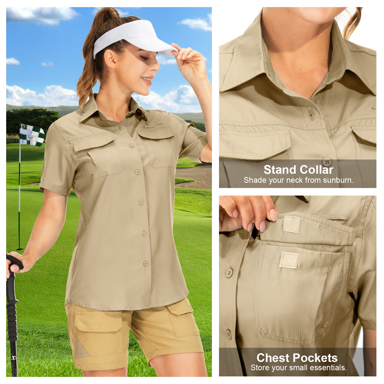 yeyity Hemdbluse Damen Kurzarm UV Schutz Wander Shirt Damen Atmungsaktiv Safari Hemd Schnelltrocknende Outdoorhemd,Sommer Tops