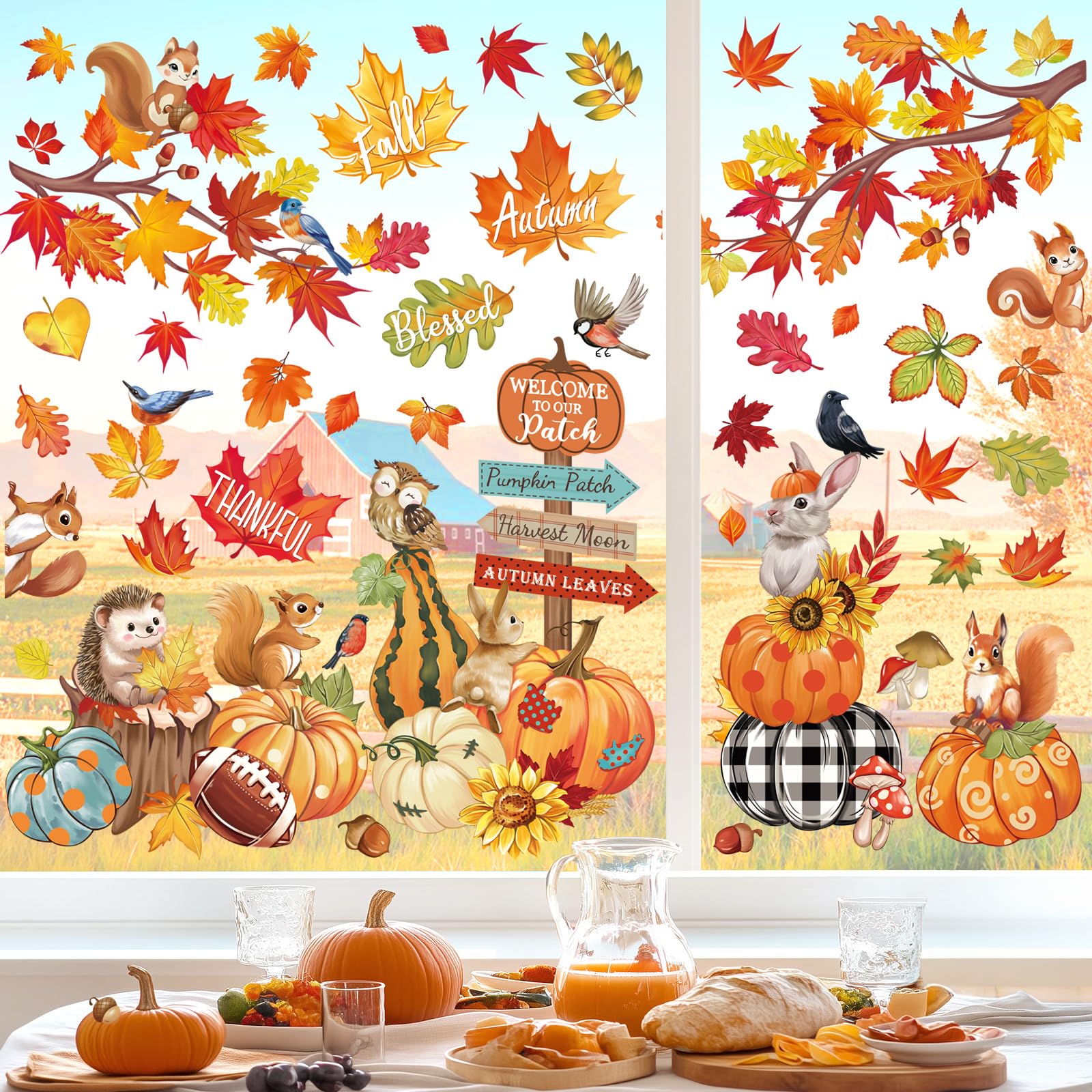 wondever Fall Pumpkin Leaves Window Clings Thanksgiving Autumn Harvest Maple Leaves Animals Glass Sticker Decal Anti Collision Double-Side Static Window Stickers for Home Glass Window - Image 2