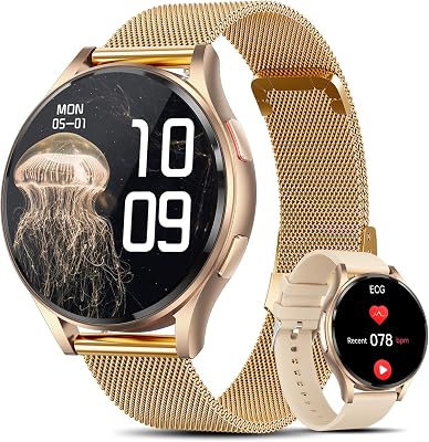 2026 Montre Connectée Femme avec ECG+HRV/IMC, 1,43″ AMOLED Smartwatch avec Fonction Féminine, 24H Pressιon artérιelle/Fréquence Cardiaque/SpO2/Sommeil Monitor, IP68 Étanche pour Android iOS