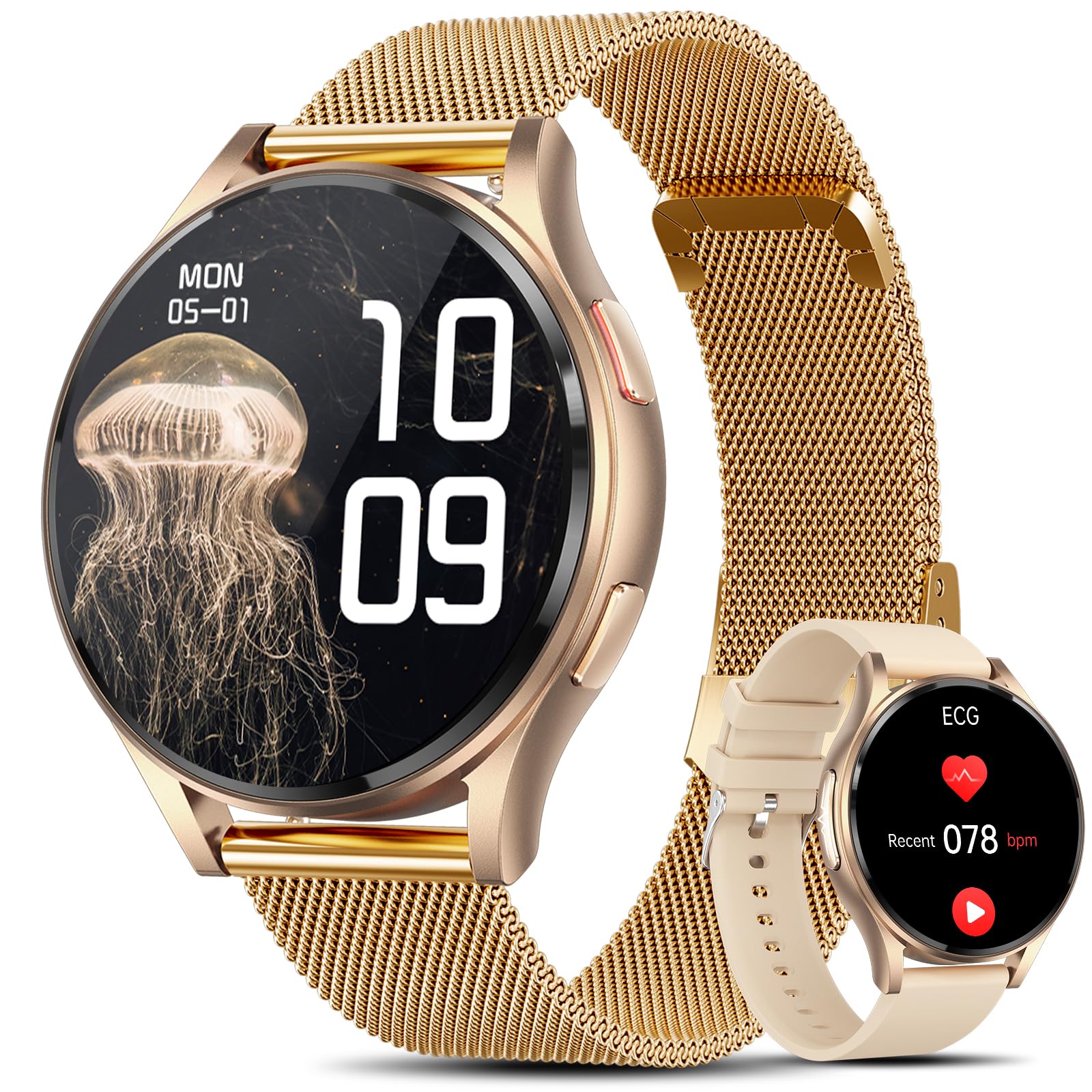 Lgnitek Smartwatch Damen mit EKG+HRV/ΒΙυtｚυcker/ΒΙυtdrυck/BMI/Harnsäure, Rund 1,43