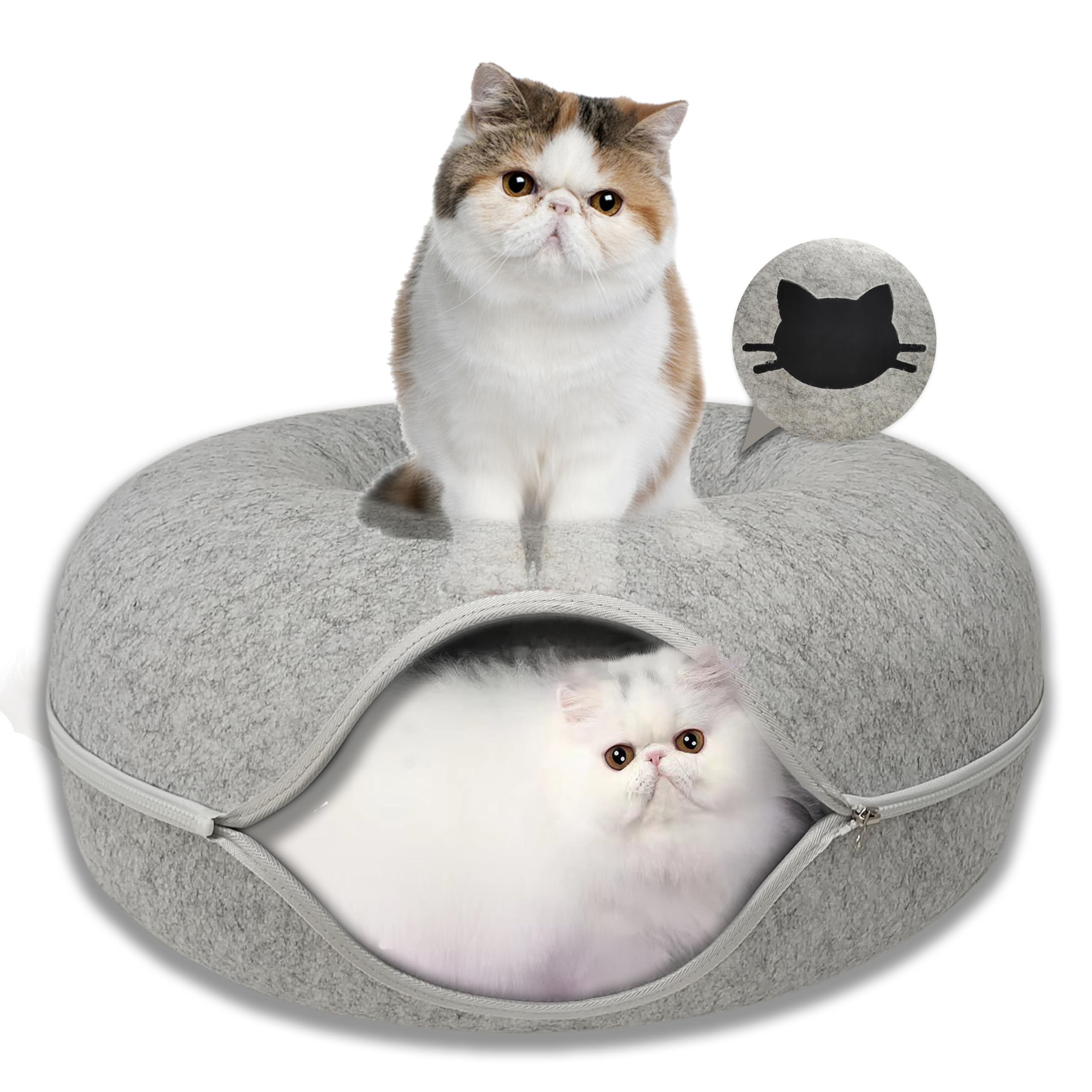 Donut Cat Tunnel Bed Peekaboo Cat Cave for Large Cats Up to 30 Lbs, Kitty Interactive Playing Tent House for Multiple Cats,Detachable,Scratch Resistant (Light Gray, Medium - 20 Inch Diameter)