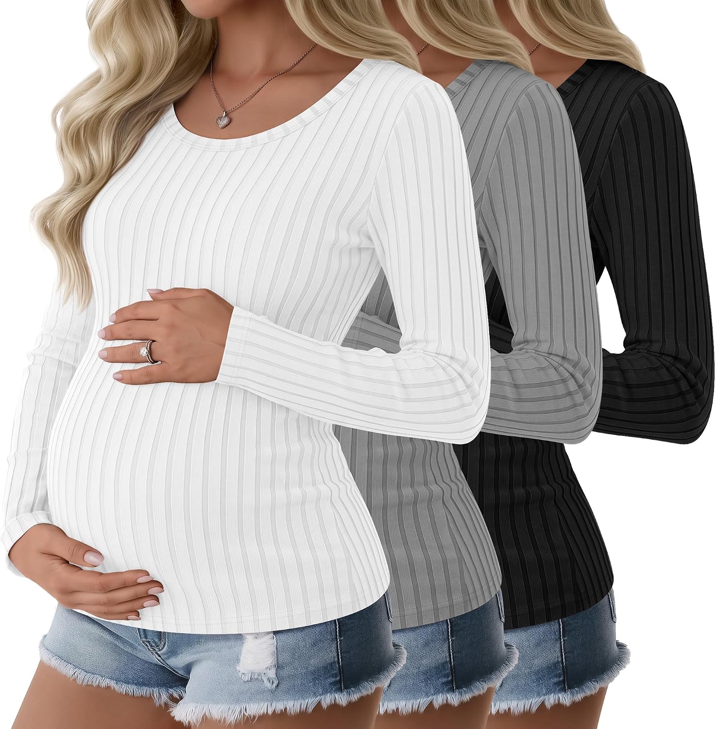 3 Pack Women's Ribbed Maternity Long Sleeve Shirts