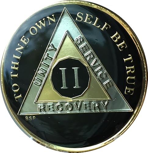 Miniatura 8 de Blue Star Press 2 años Classic Black AA Medallion Sobriety Chip Tri Plate chapado en oro y níquel