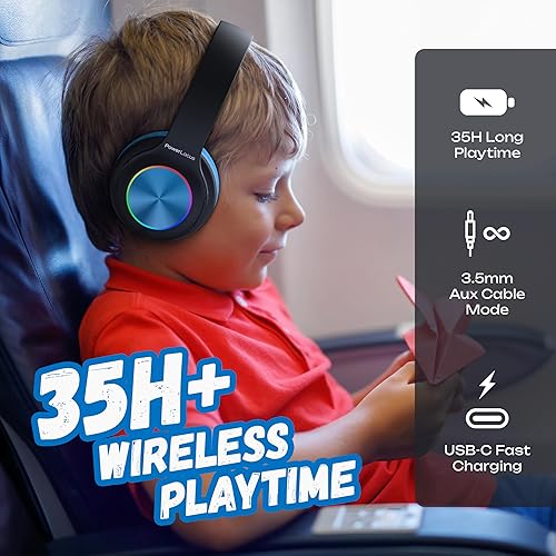 Miniatura 9 de PowerLocus Auriculares para niños, auriculares Bluetooth sobre la oreja para niños con luces LED, volumen limitado de 94 db, micro SDTF, plegables